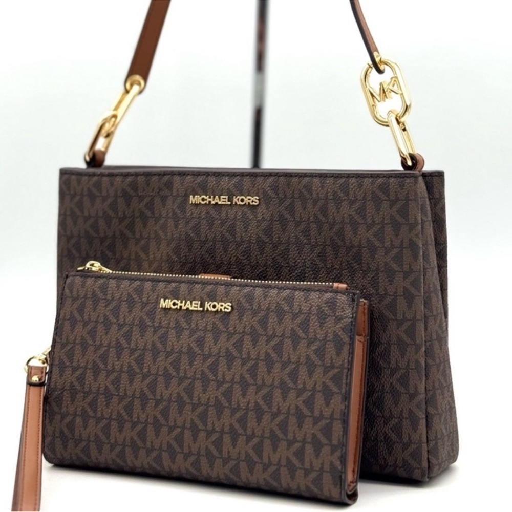 Michael Kors Trisha MD Triple Compartment Bag & Double Zip Wallet Set Brown